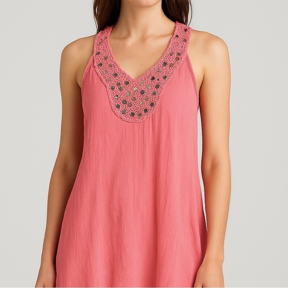 Anthropologie FP One Pink Sequin Crochet Tunic Top XS Boho Layered Asymmetrical - Picture 8 of 8